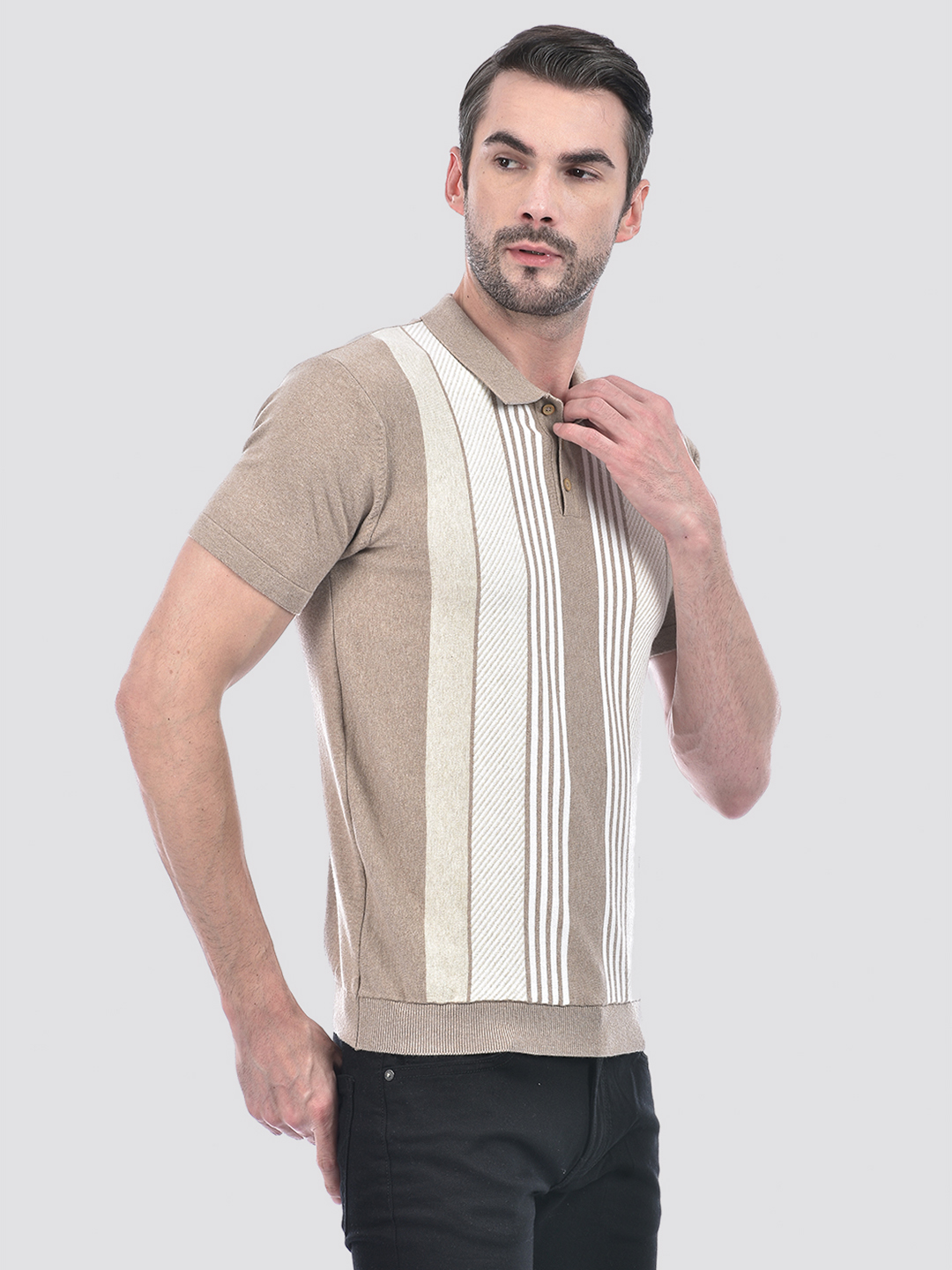 Numero Uno Men Beige Striped Polo T-Shirt